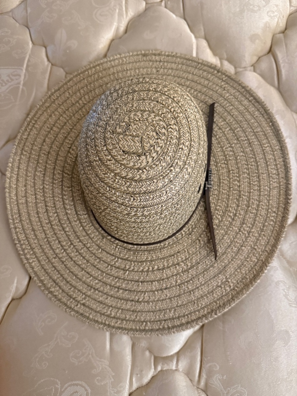 Twister Beige Wide-Brim Braided Straw Sun Hat with Brown Band